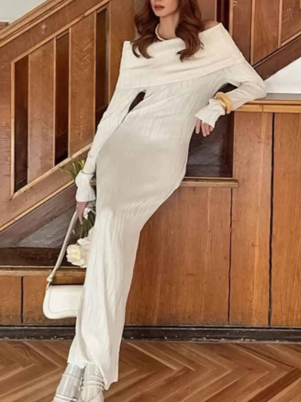 Off Shoulder Textured Knit Maxi Dress