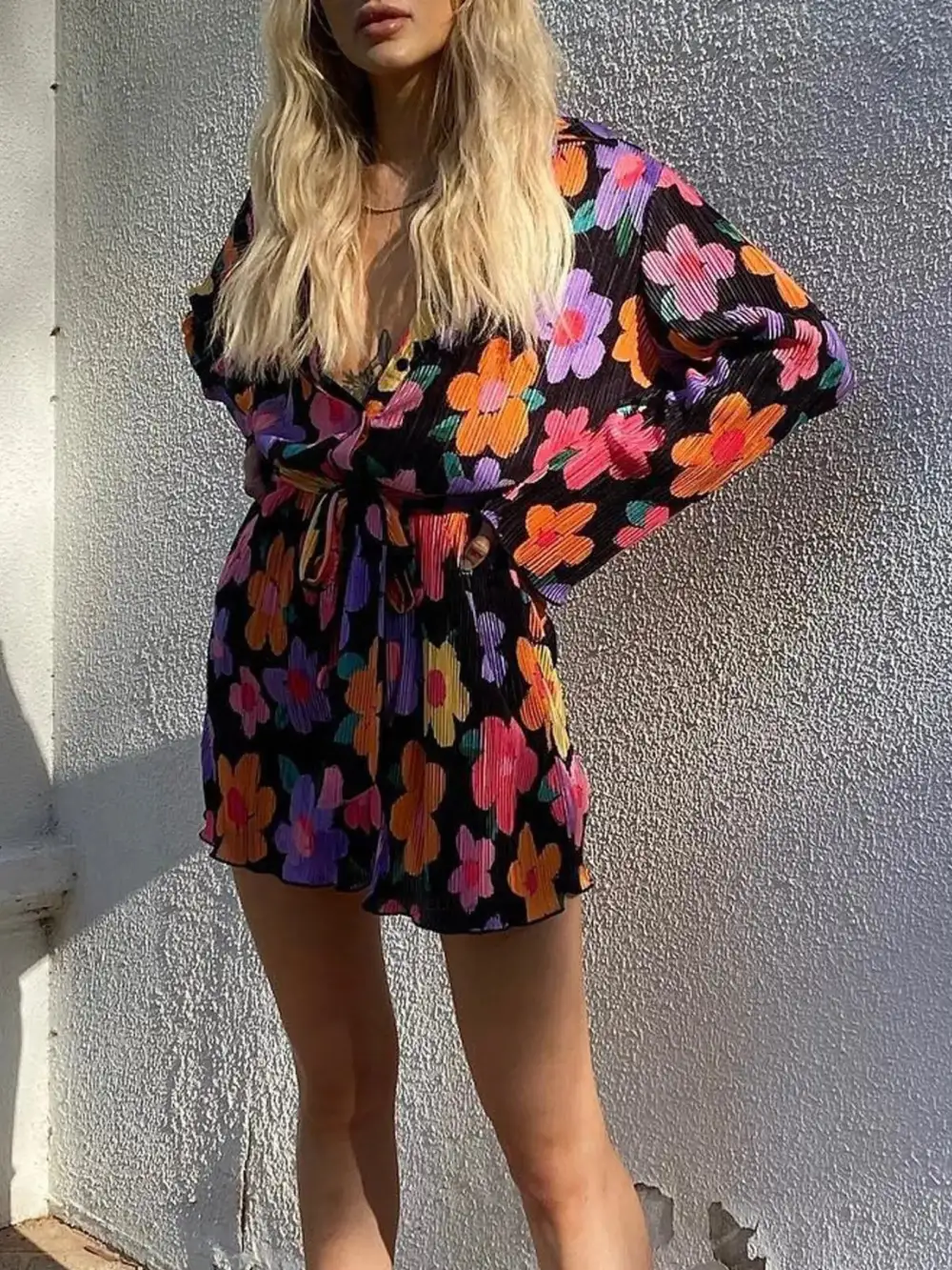 Long-Sleeve Cotton Printed Mini Dress