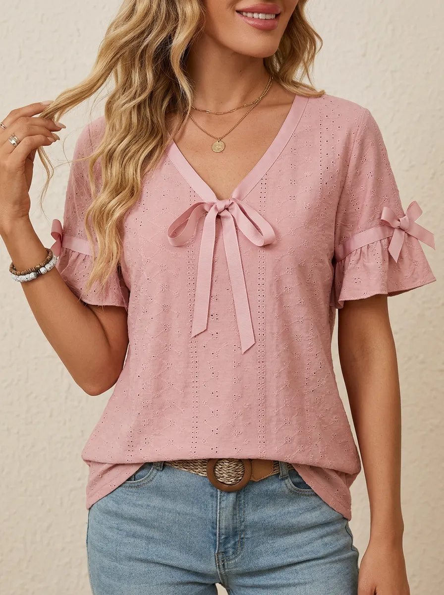 Women's V-neck Tie-neck Flutter Sleeve Blouse
