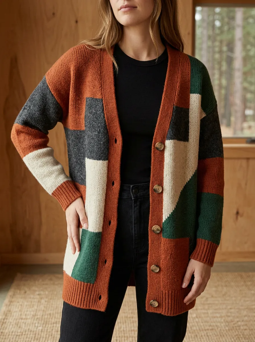 Women's Fall Fashion Colorblock Geometric Pattern Knitted Cardigan