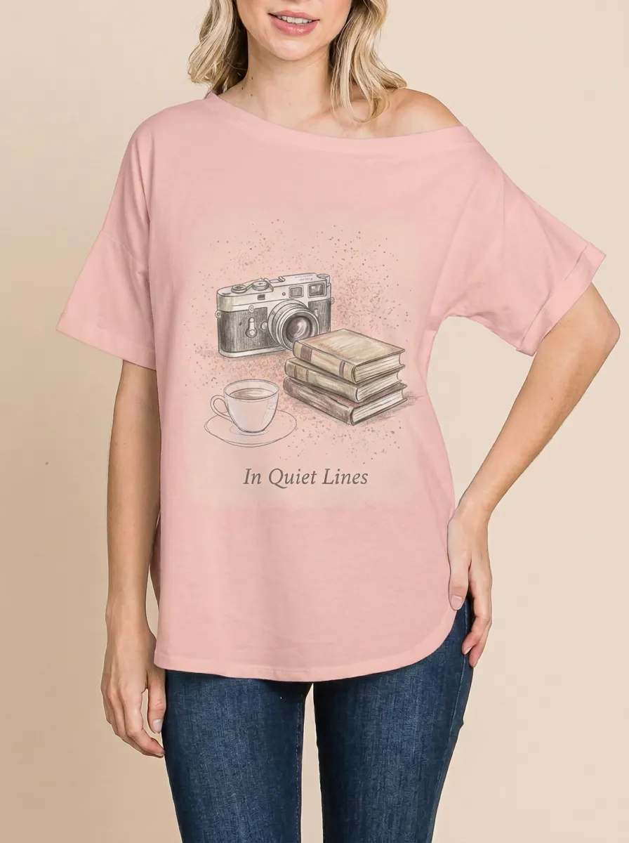 Women's Photography Book Lover Camera Coffee Printed T-shirt