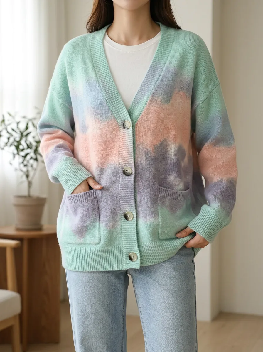 Women's Pastel Tie-Dye Pattern Printed V-Neck Classic Layering Cardigan