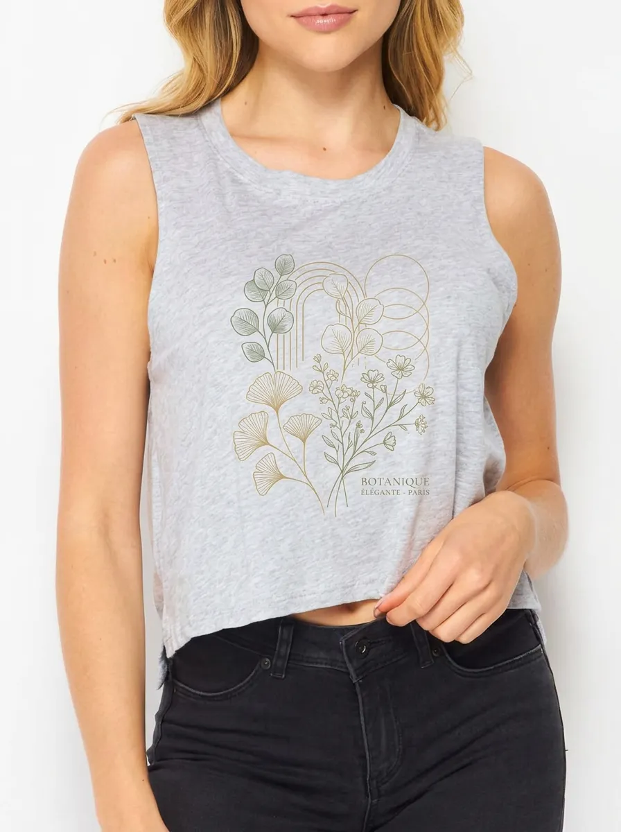 Women's Botanical Nature Lover Floral Line Art Printed Crop Tank Top