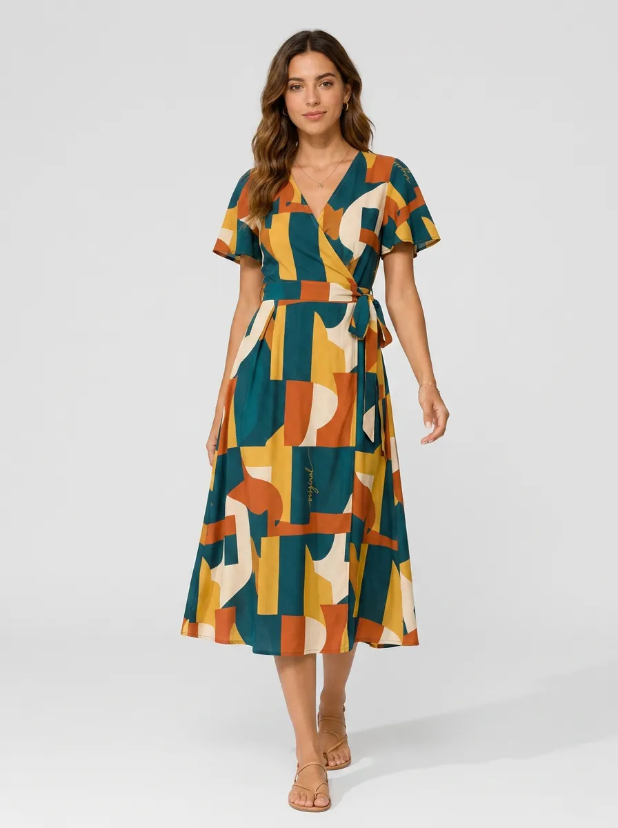 V Neck Geometric Wrap Midi Dress