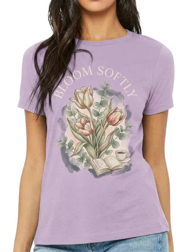 Women's Book Lover Tulip Flower Bloom Softly Printed T-shirt