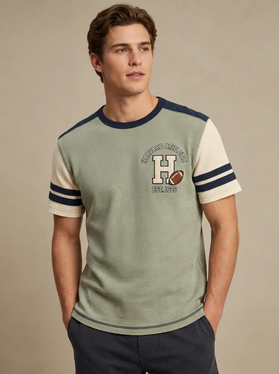 Men's Harvard Athletic Football Logo Printed Waffle Knit T-shirt