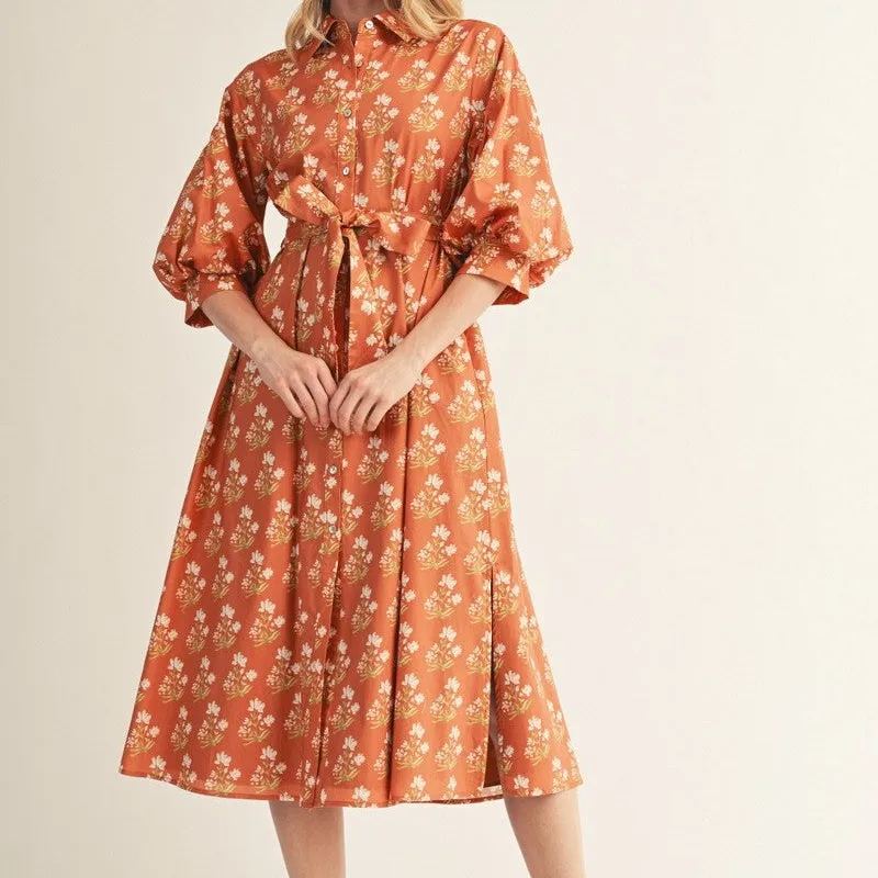 Floral Puff Sleeve Button Front Dress