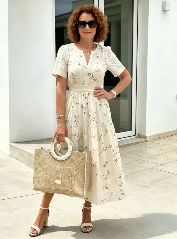 Women's Summer Vacation Sage Green Floral Embroidered Printed Dress