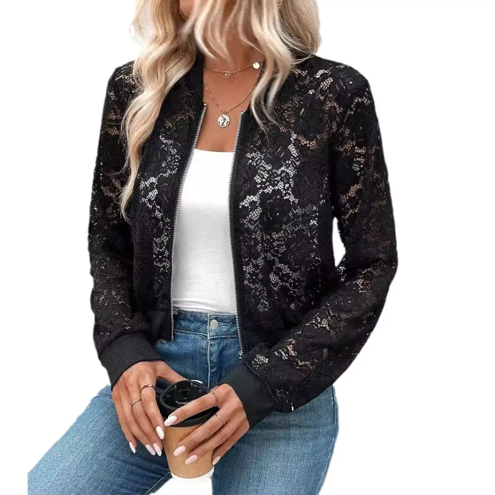 Relaxed Floral Detail Zip Front Ribbed Trim Bomber Jacket