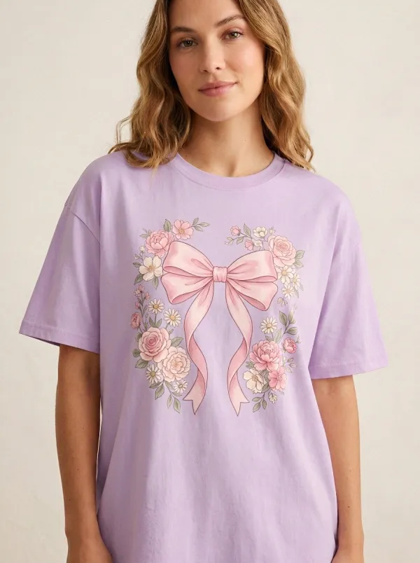 Women's Breast Cancer Awareness Pink Bow Floral Printed T-shirt