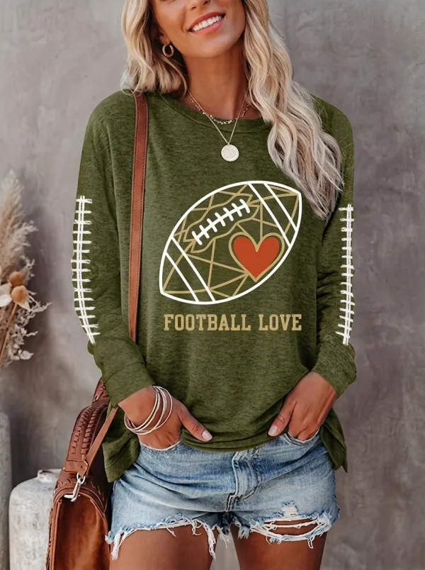 Women's Vintage Inspired Gridiron Heart Ball Love Crewneck Long Sleeve T-Shirt