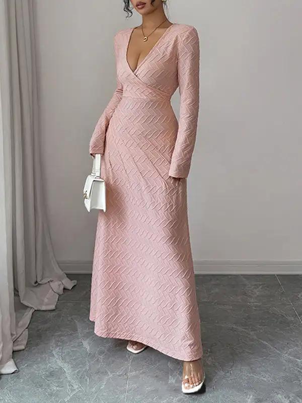Deep Pleated Long Neck Maxi Dress