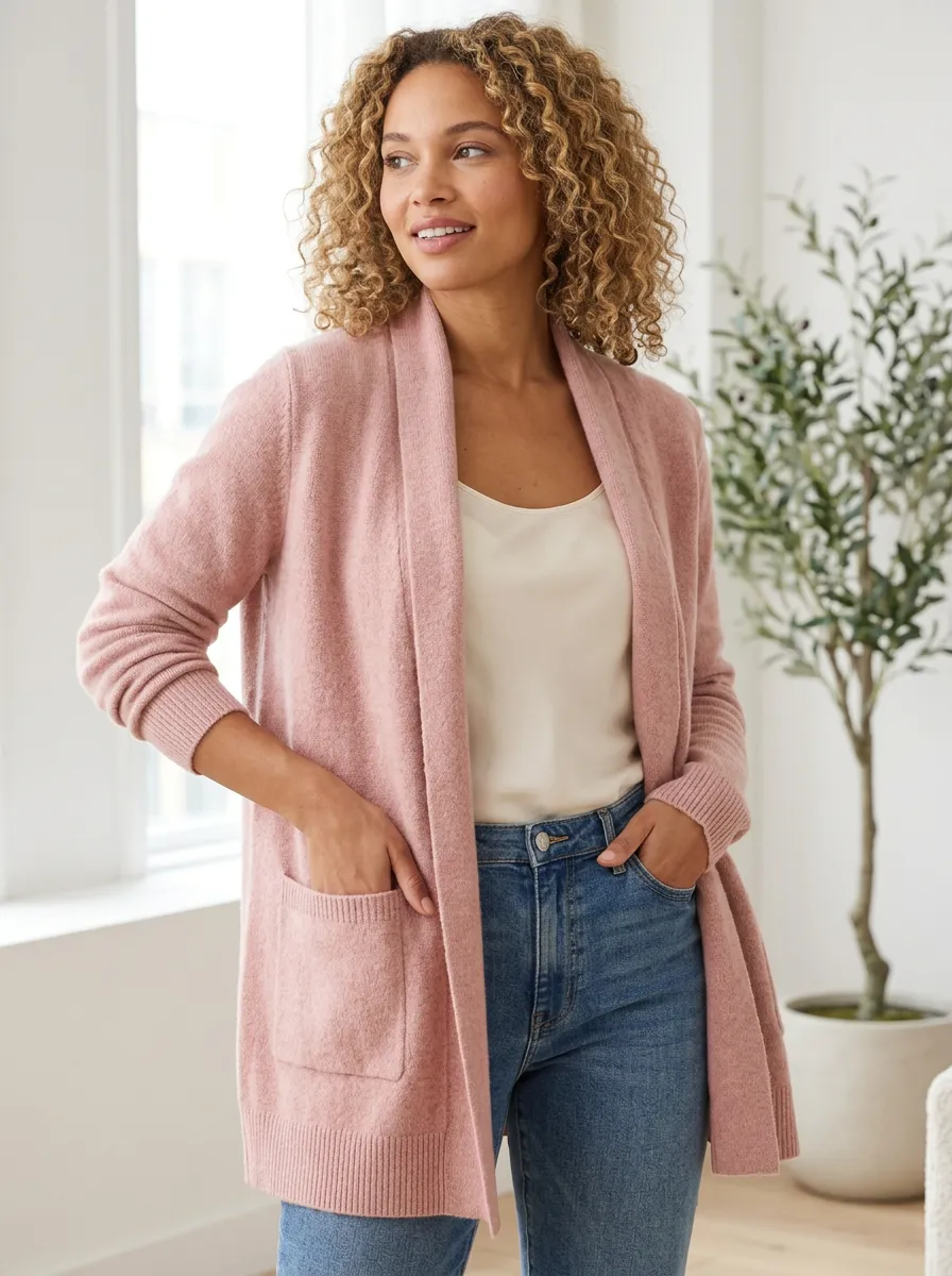 Women's Casual Pink Open Front Knit Cardigan Sweater