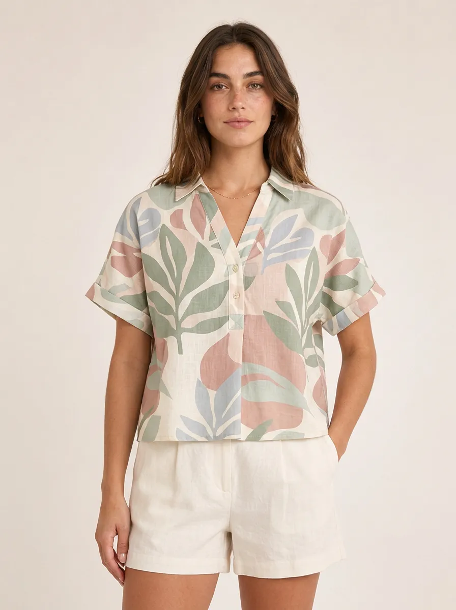 Women's Botanical Lover Abstract Leaf Printed V-neck Top