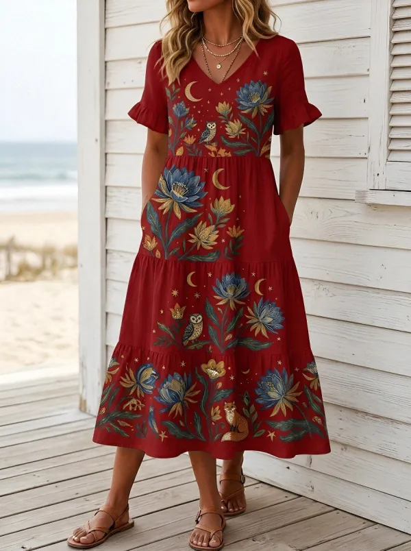 Women's Boho Celestial Owl Fox Floral Printed Midi Dress