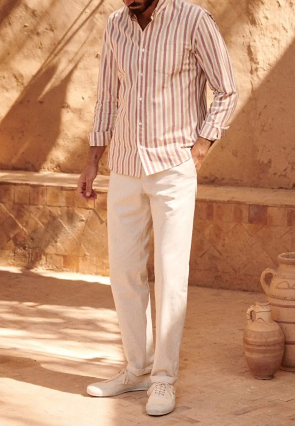 Cream White Cotton Linen Blend Relaxed Trousers