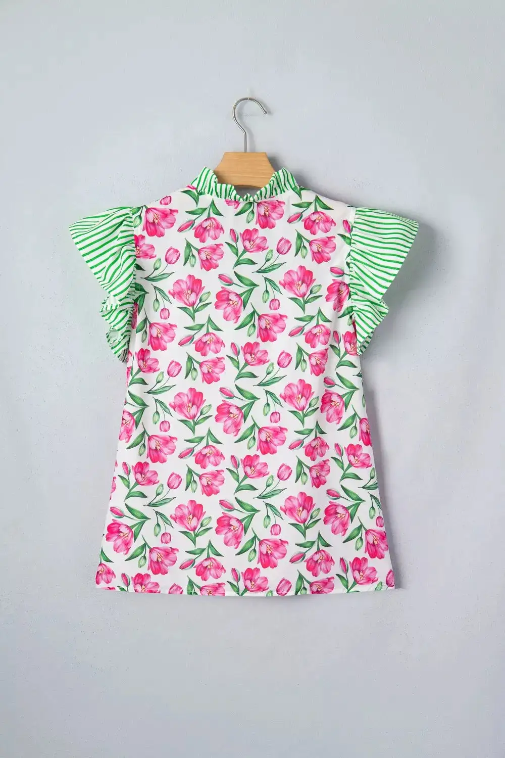 Floral Print Striped Ruffle Trim V Neck