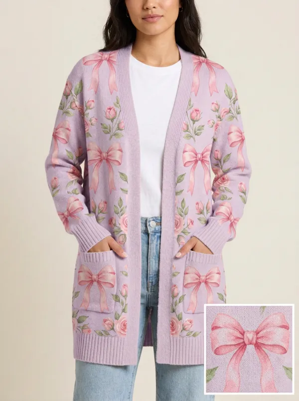 Women's Breast Cancer Awareness Pink Ribbon Rose Printed Cardigan
