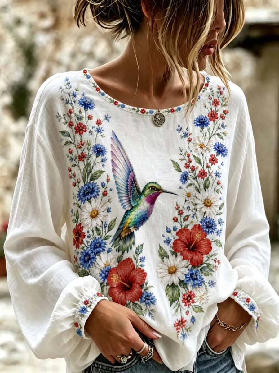 Women's 250Th Anniversary Hummingbird Print Casual Cotton-Linen Shirt