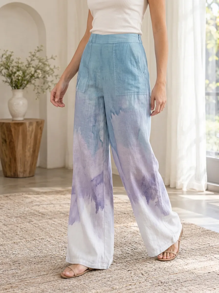 Women's Watercolor Abstract Blue Purple Printed Wide Leg Pants