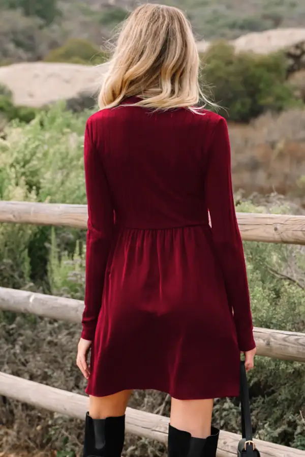 Dahlia Frilled Neck Ribbed Knit Patchwork Long Sleeve Mini Dress