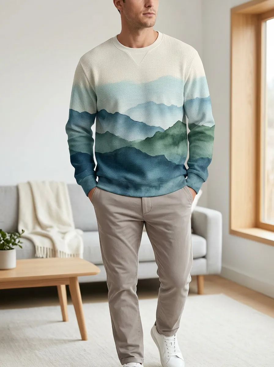 Men's Artistic Nature Mountain Landscape Waffle Zip Hoodie