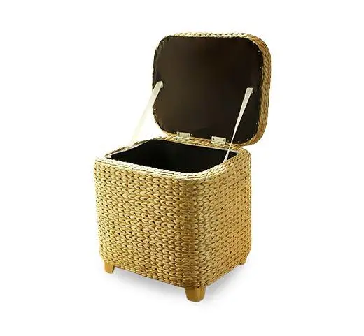 Lidded Woven Rattan Cotton Ottoman Laundry Hamper