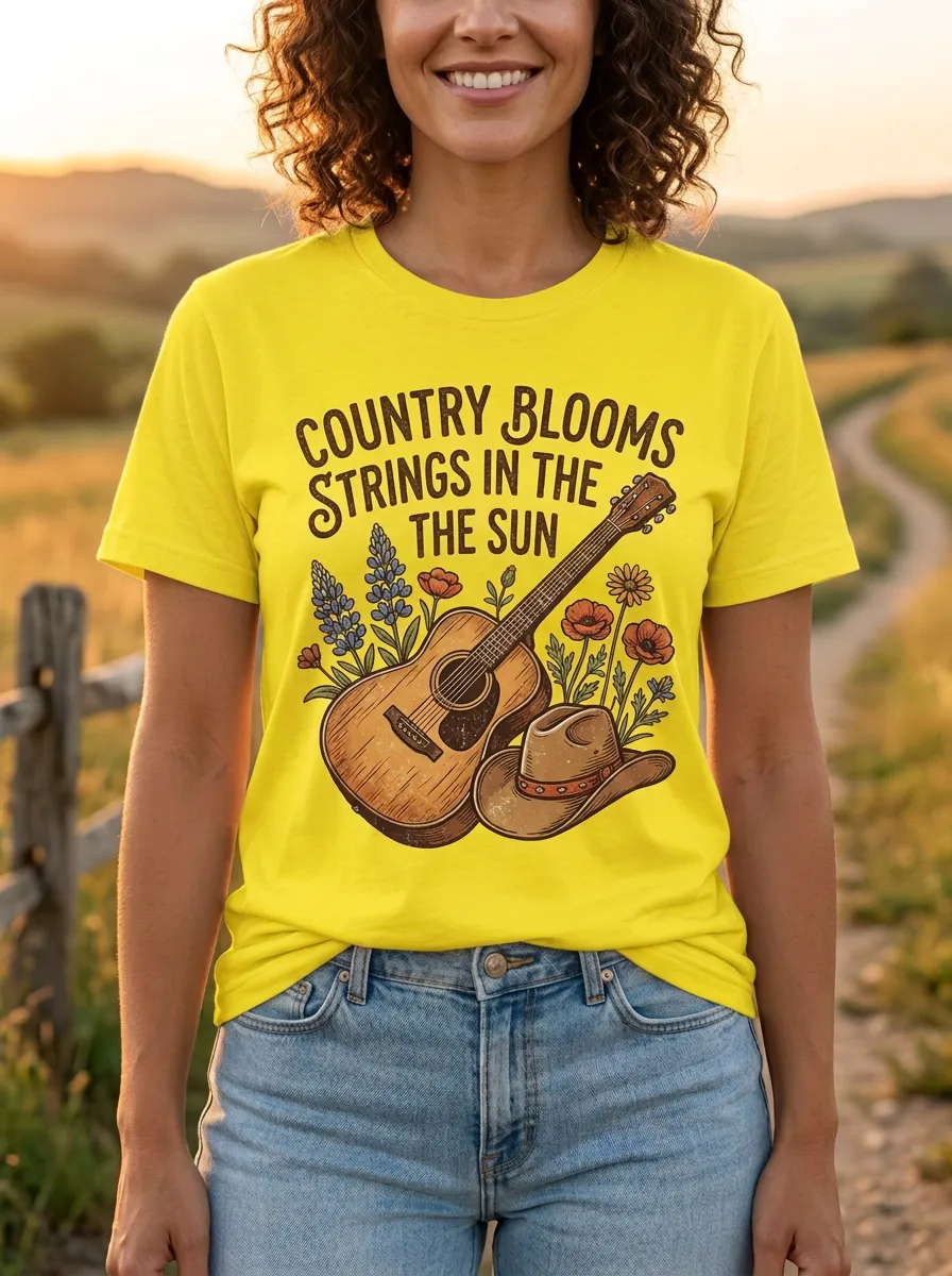 Country Music Guitar Cowboy Hat Floral Crew Neck T-Shirt