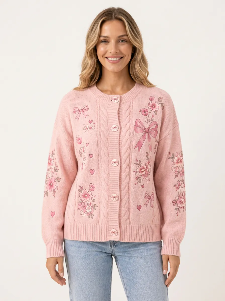 Women's Romantic Floral Heart Ribbon Bow Printed Cardigan
