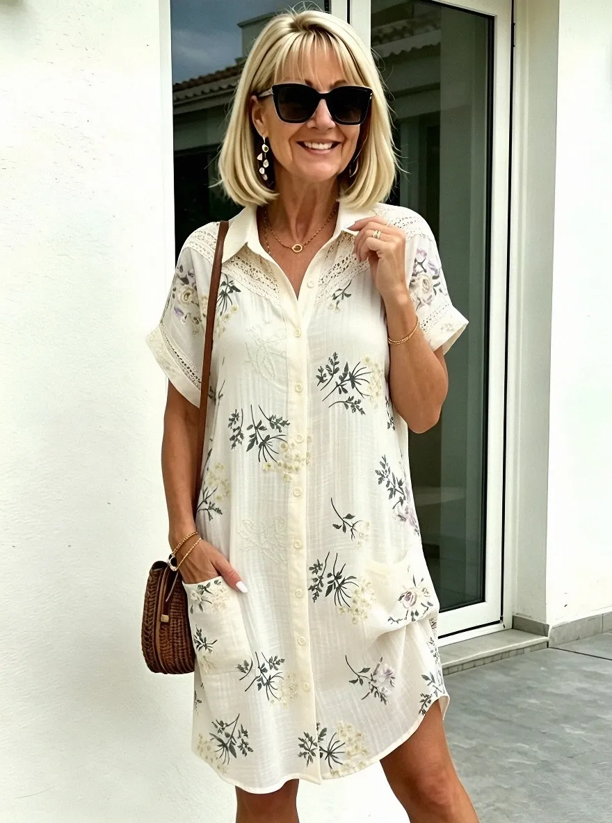 Women's Summer Vacation Floral Embroidered Printed Shirt Dress