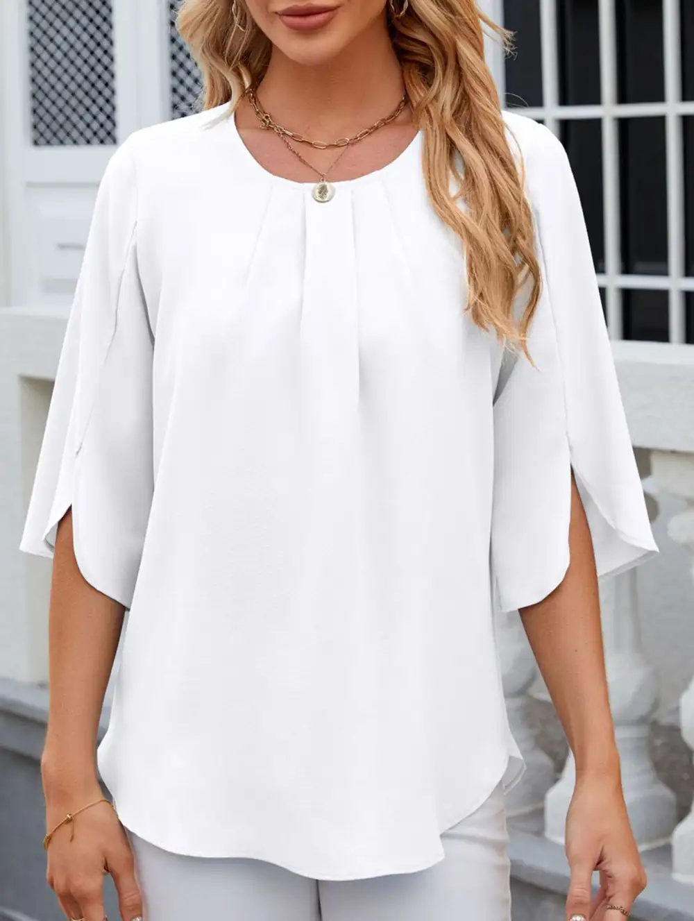 Chiffon Crew Neck Half Sleeve Blouse