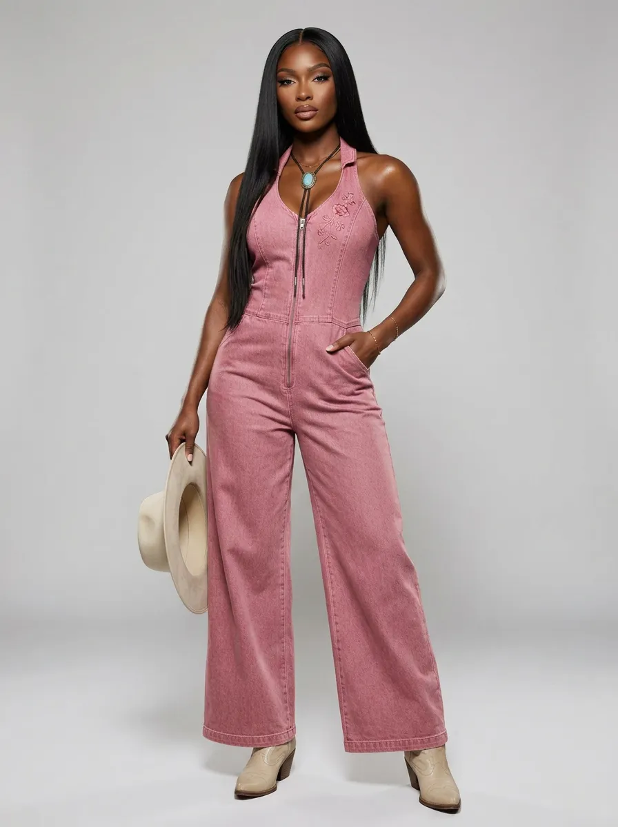 Pink Floral Embroidered Western Zip-Front Denim Jumpsuit