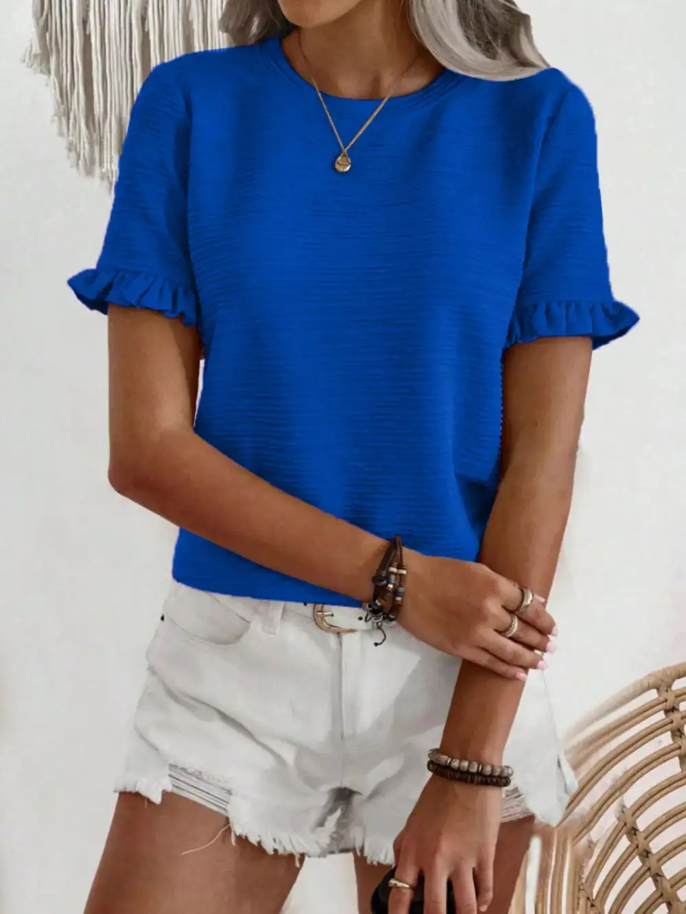 Textured Ruffle Sleeve Round Neck Blouse