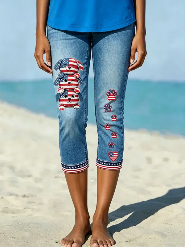 Women's American Paw Print Denim Pattern Leggings