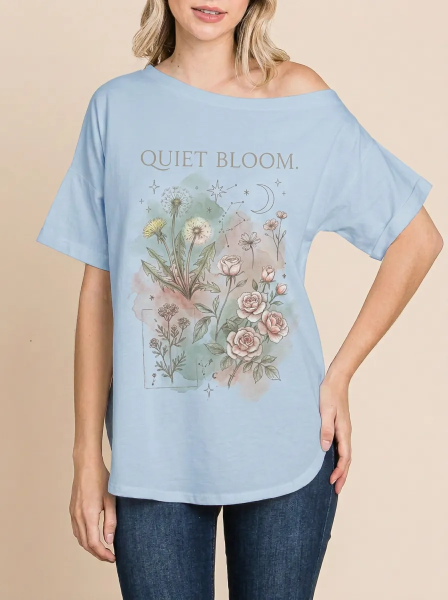 Women's Botanical Quiet Bloom Dandelion Rose Printed T-shirt