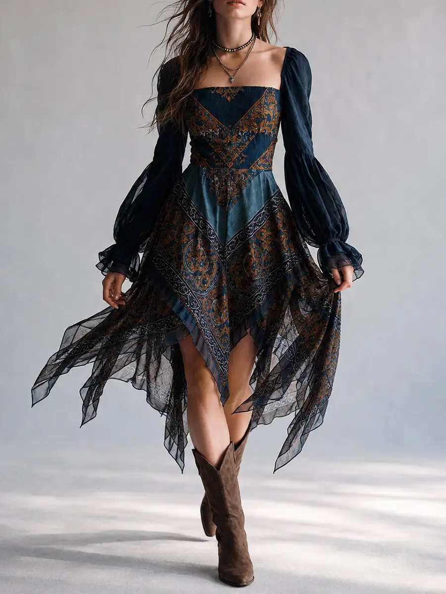 Bohemian Paisley Print Handkerchief Hem Dress