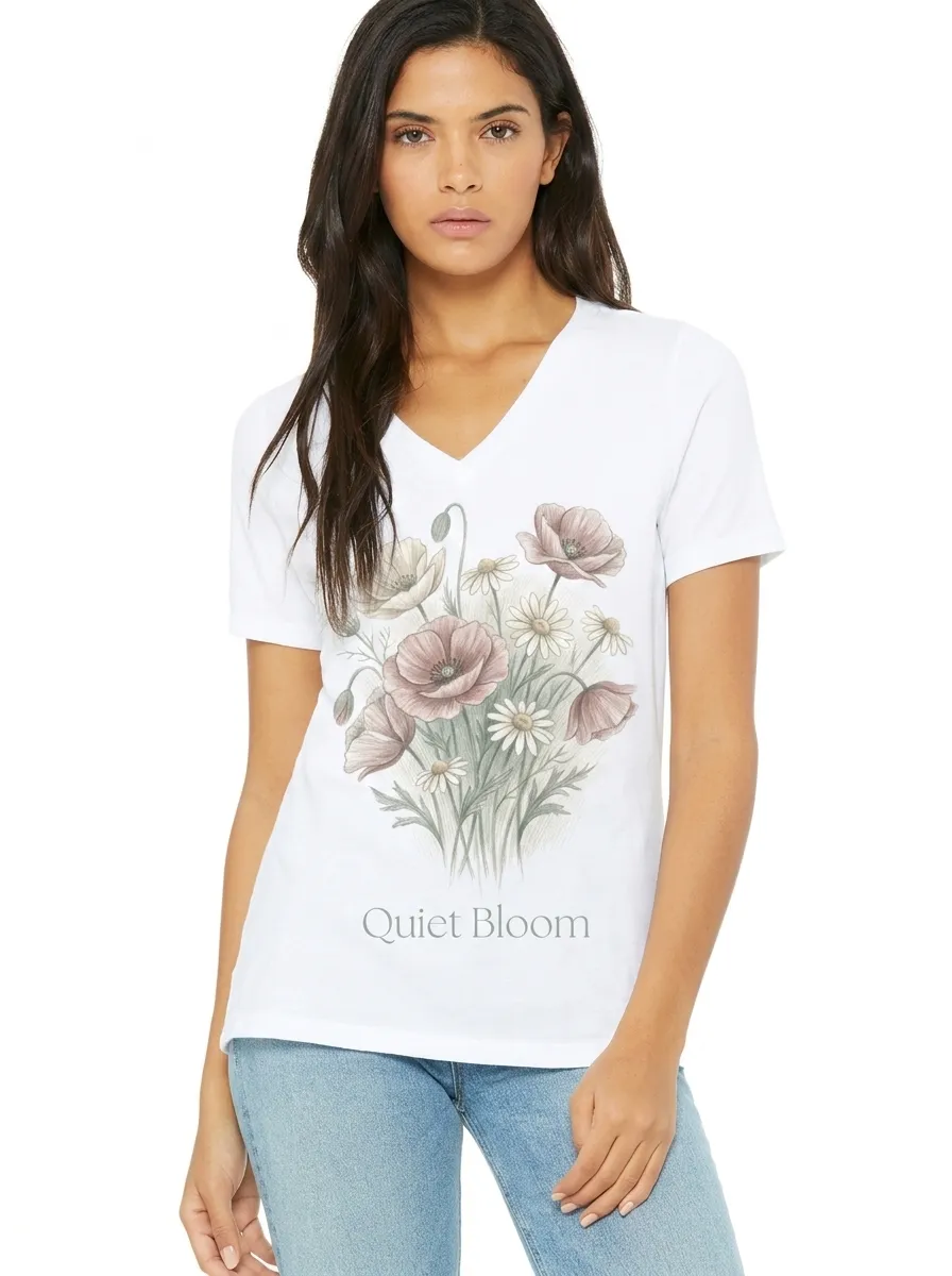 Women's Floral Nature Lover Quiet Bloom Poppy Daisy Printed V-neck T-shirt