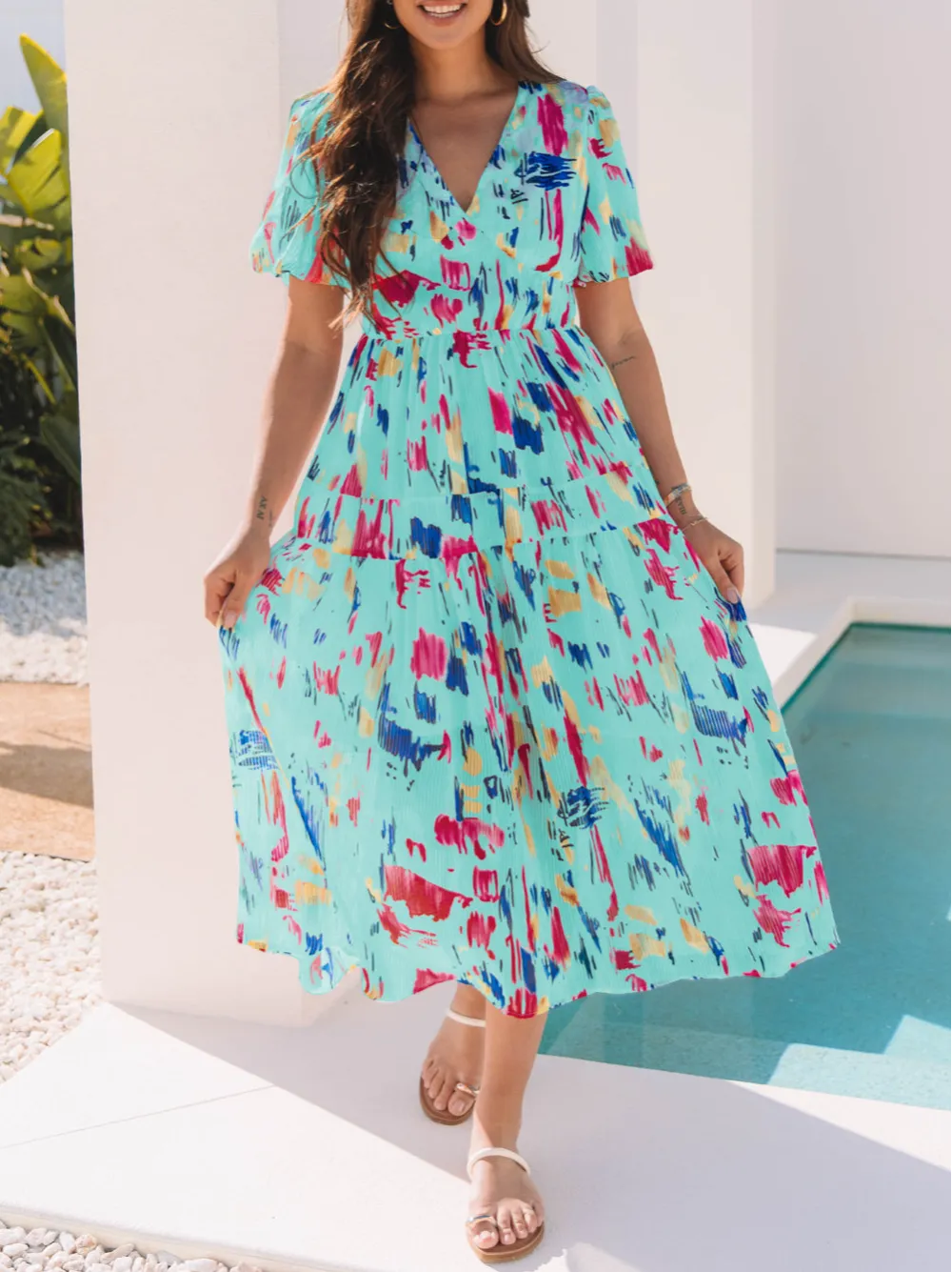 Sky Abstract Print Short Puff Sleeve Tiered Maxi Dress