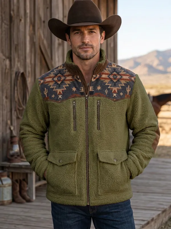 Ranch House Cactus Aztec Prairie Look Men's Western Fleece Jacket