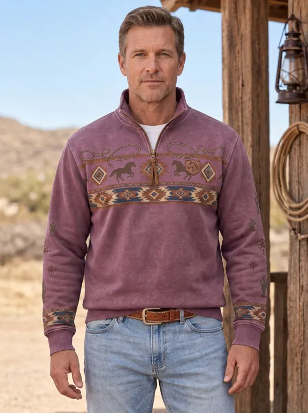 Men's Heritage Inspired Western Cowboy Horse Southwestern Quarter-Zip Sweatshirt