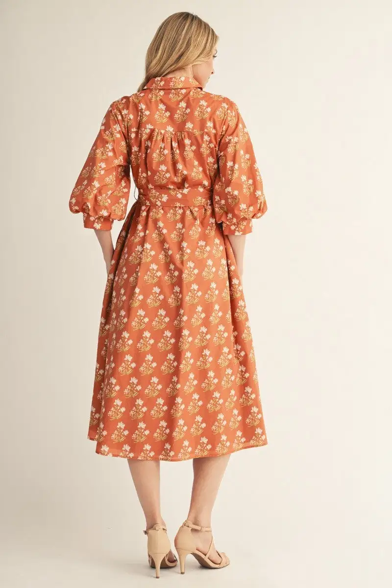 Floral Puff Sleeve Button Front Dress