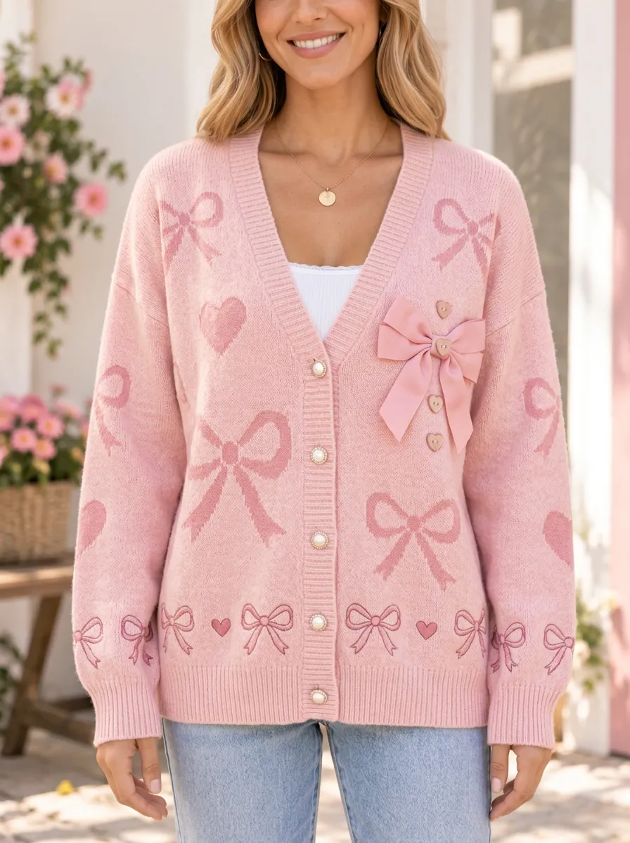 Women's Romantic Heart Coquette Ribbon Bow Printed Cardigan