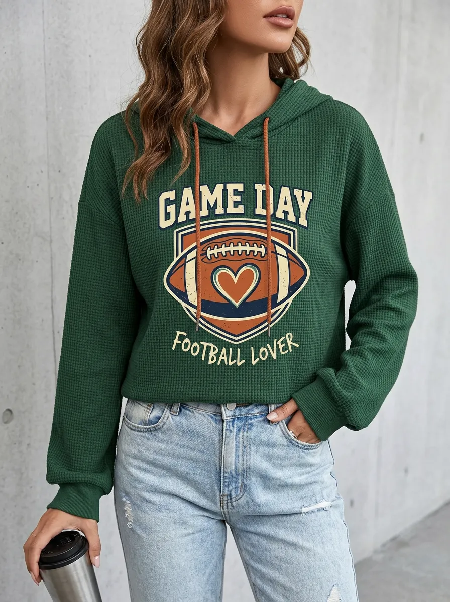 Women's Football Lover Game Day Heart Shield Printed Hoodie