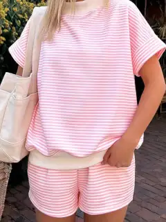 Refined Striped Tee and Shorts Matching Set
