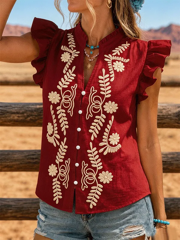Women's Floral Embroidery Ruffle Sleeveless Stand Collar Western Button Front Vest Top