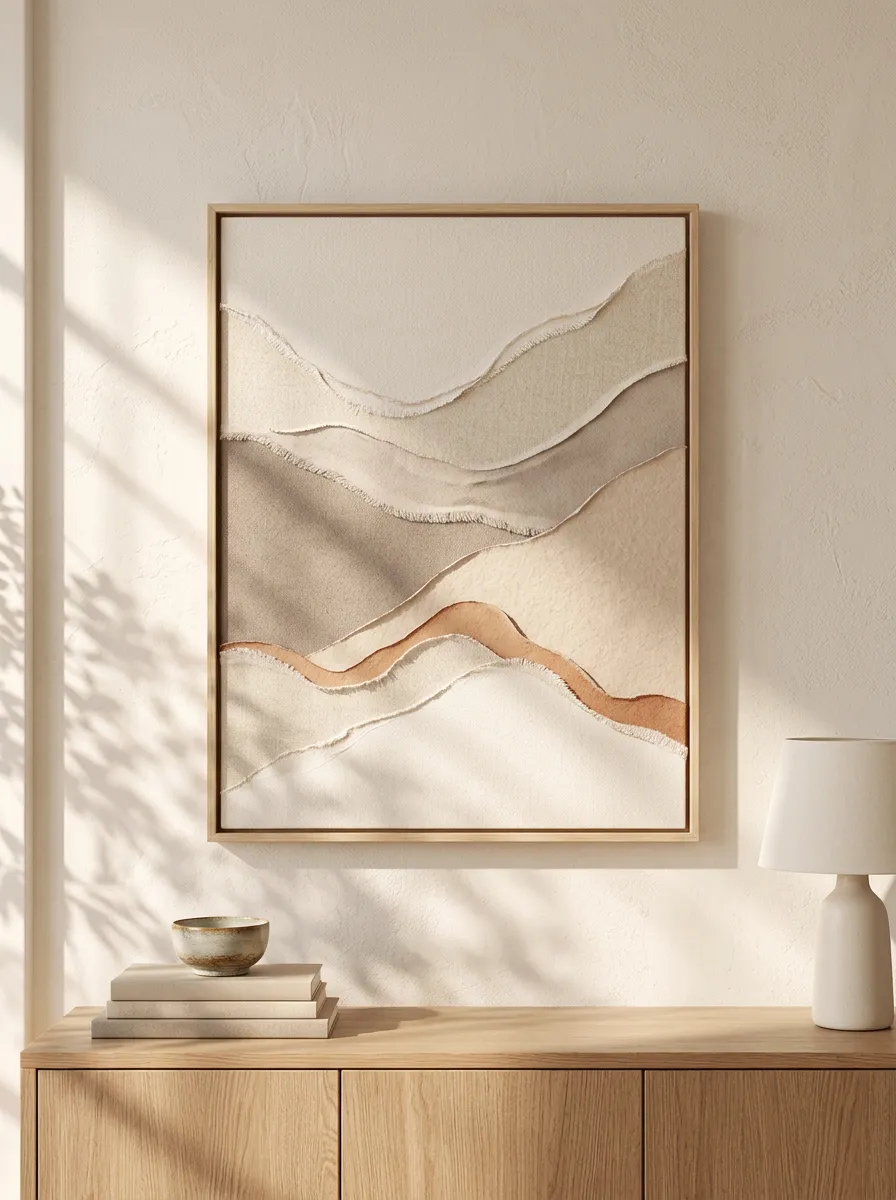 Neutral Minimalist Abstract Landscape Layered Fabric Printed Wall Art