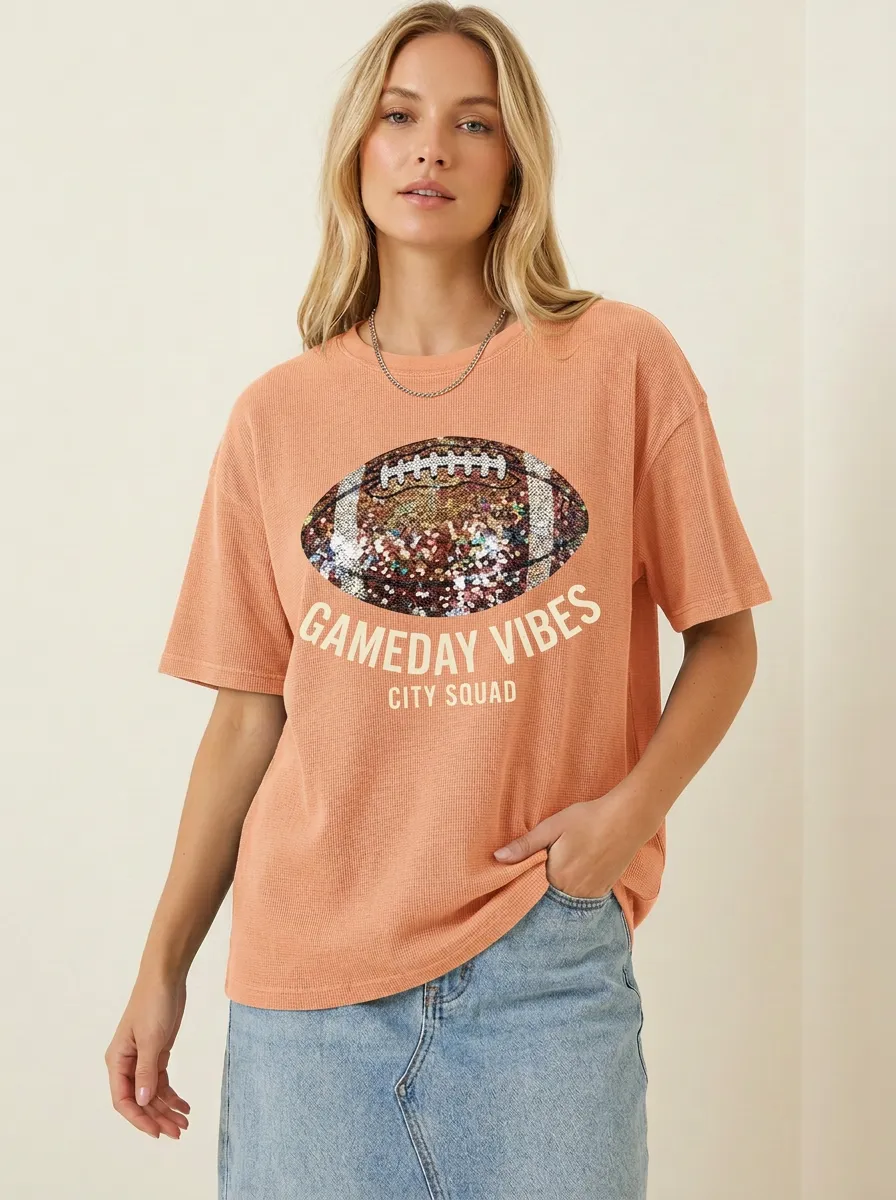 Women's Field Inspired Football Ball Sequin Crew Neck Graphic T-Shirt