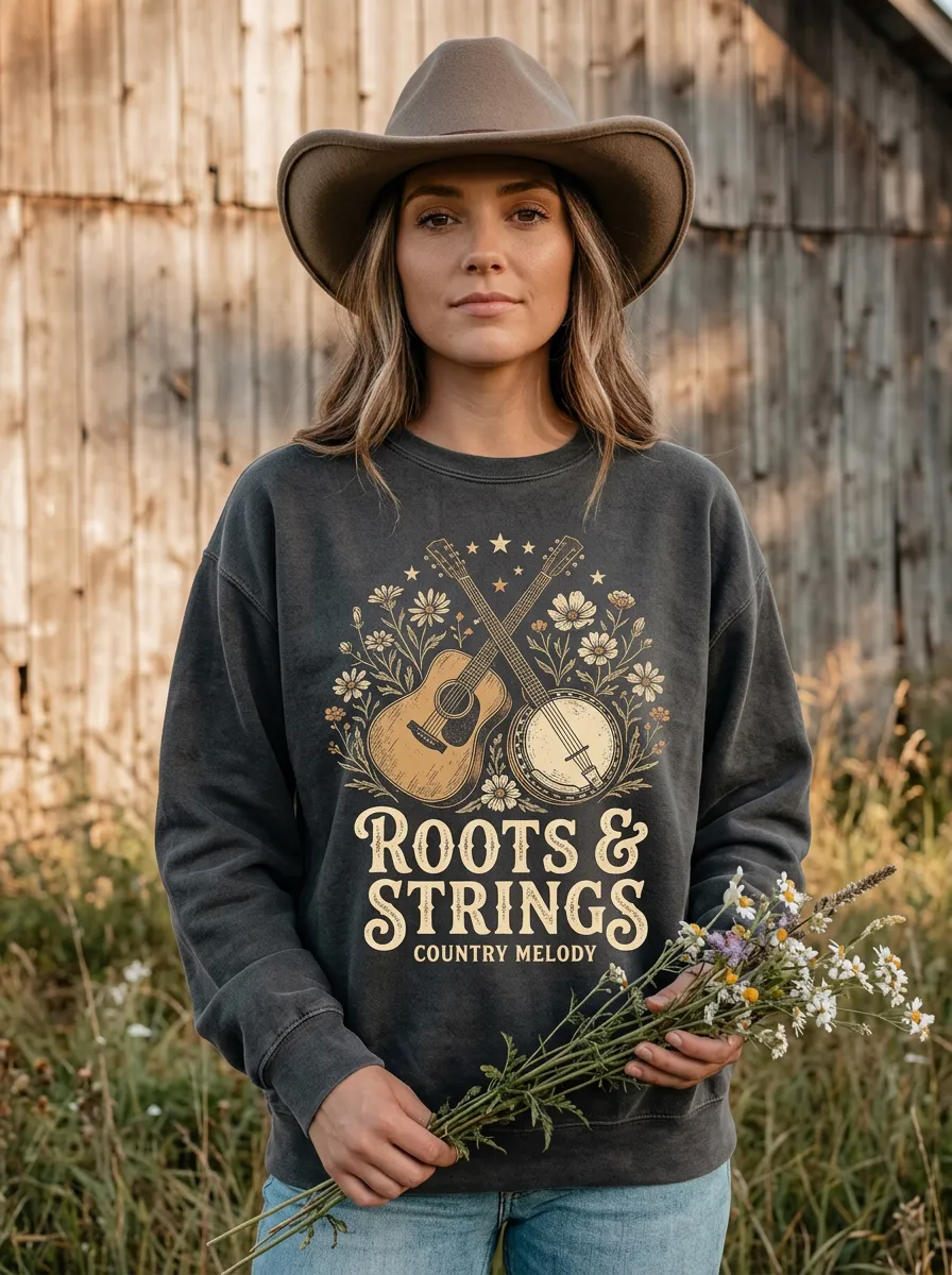 Country Music Guitar Banjo Floral Crew Neck Sweatshirt