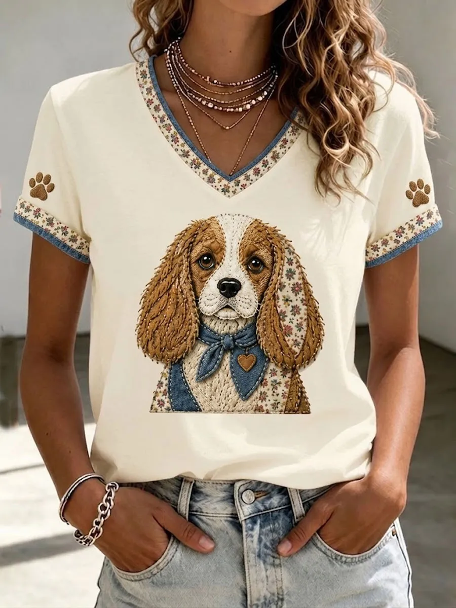Women's Retro Patchwork Dog Print V-Neck Tee