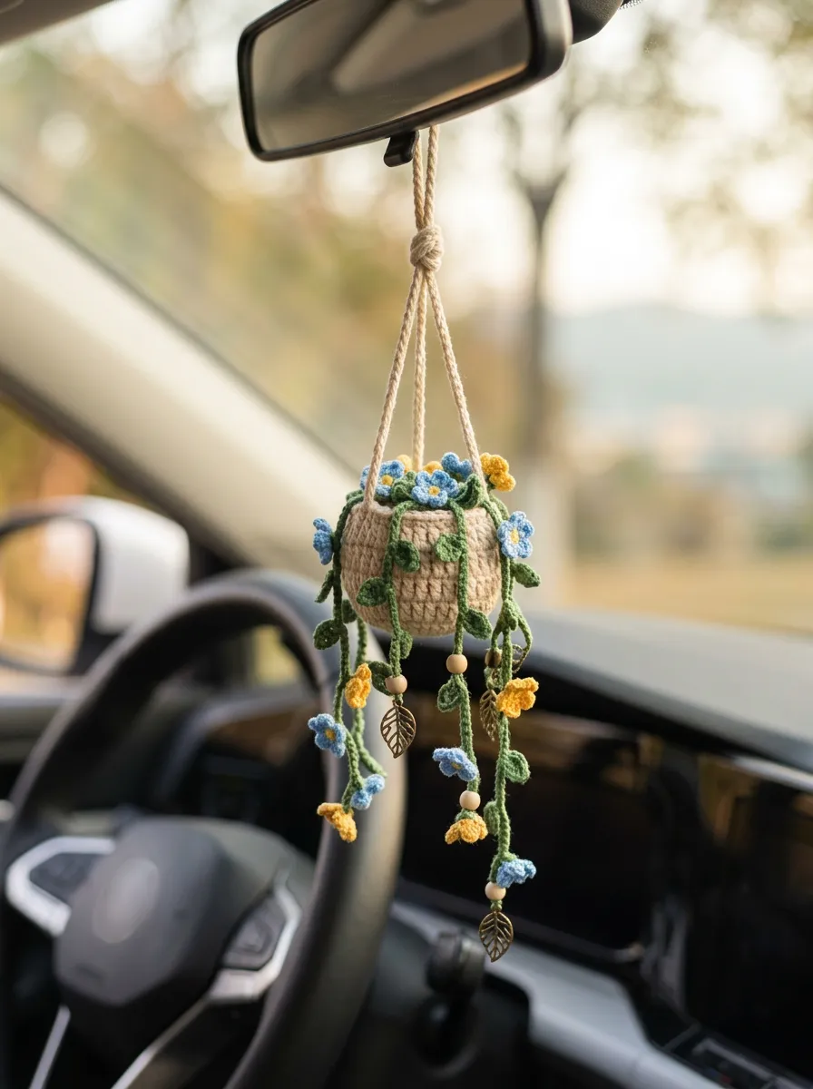 Crochet Floral Rearview Mirror Hanging Ornament